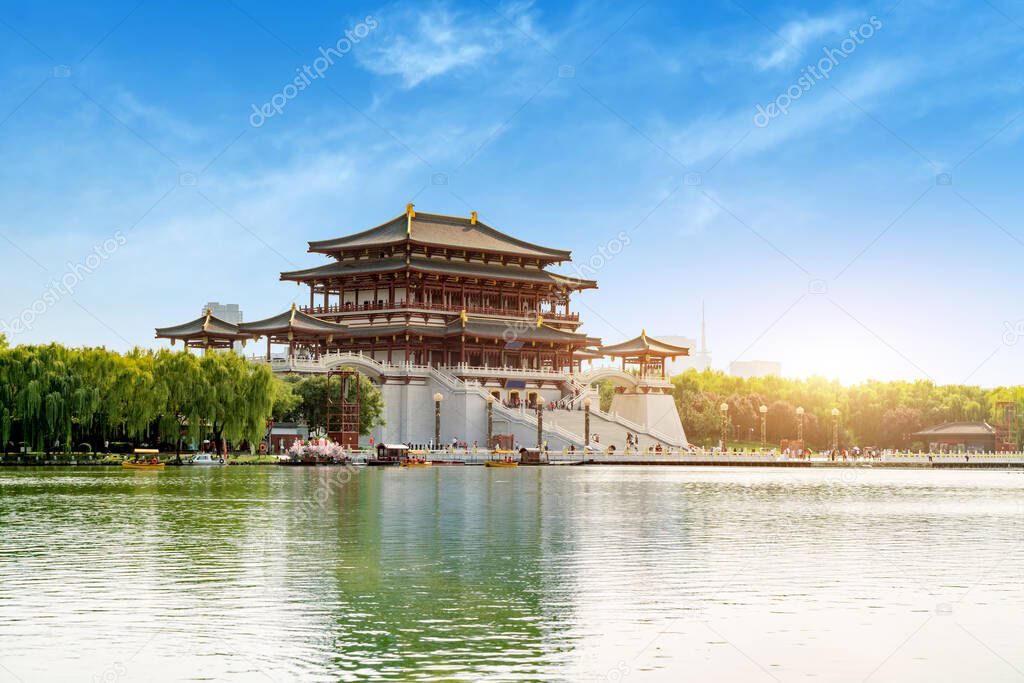 The Ziyun Tower was built in 727 AD and is the main building of the Datang Furong Garden, Xi'an, China.