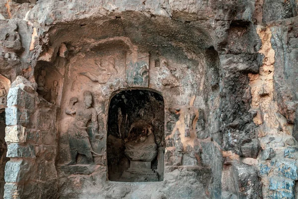 Grottes Longmen Avec Les Figures Bouddha Commencent Avec Dynastie Wei — Photo