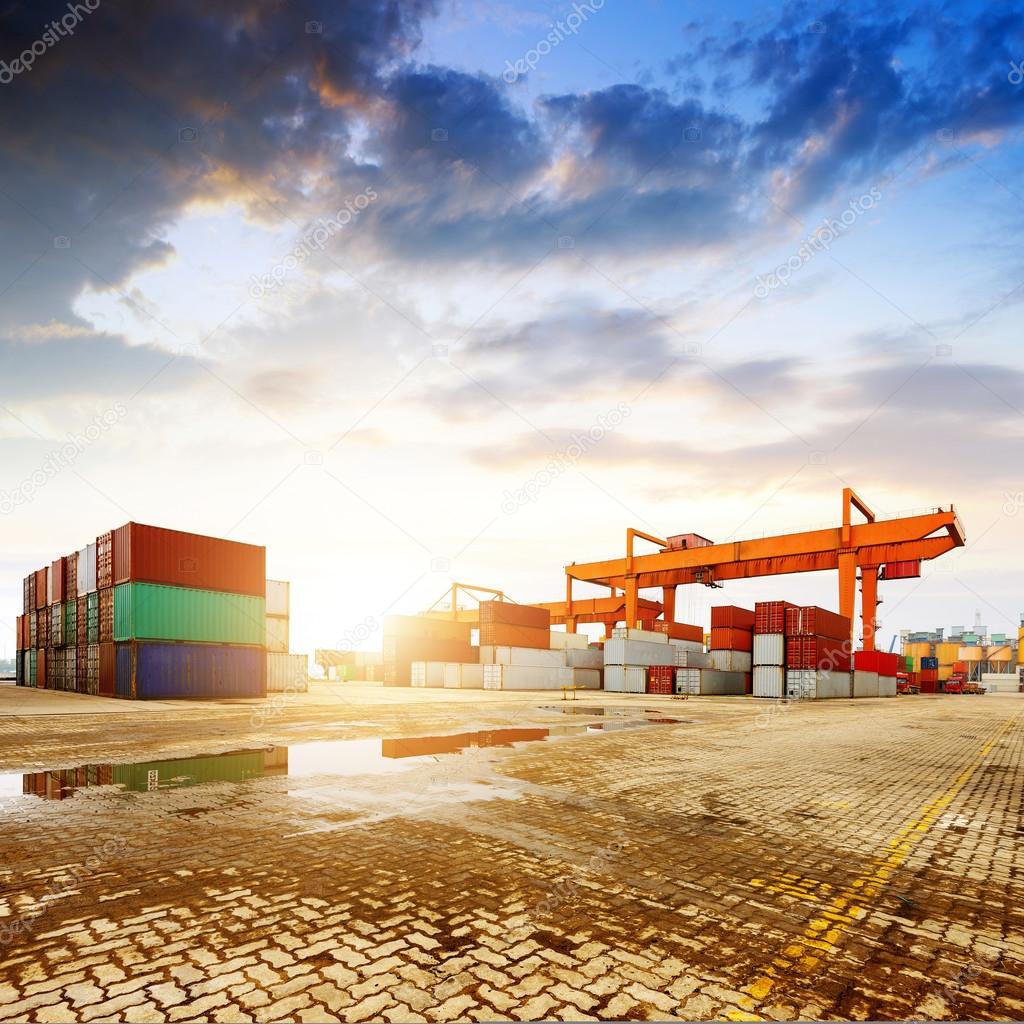 The container terminal at dusk