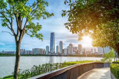 Göl kenarındaki gökdelenler, büyük bir şehrin CBD 'si, Shenzhen, Çin.