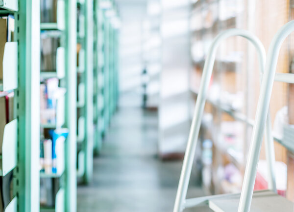 Library shelves and books