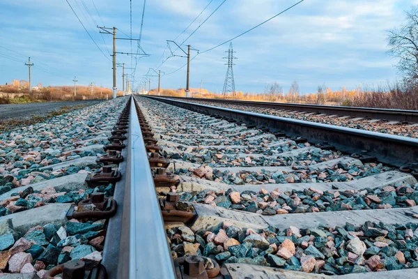 Railway Rails Sleepers Trains Close Beautiful Sunset Overcast Sky — Stock Photo, Image