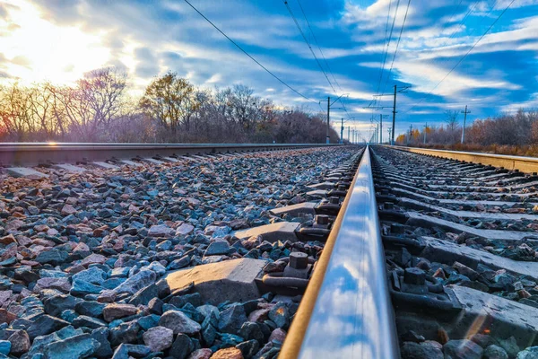 Railway Rails Sleepers Trains Close Beautiful Sunset Overcast Sky — Stock Photo, Image