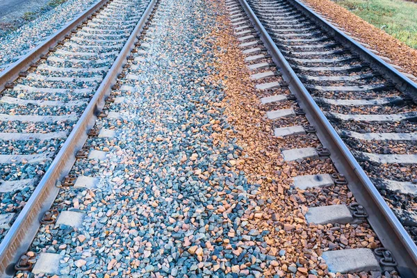 Eisenbahn Schienen Und Schwellen Ohne Züge Aus Nächster Nähe Bei — Stockfoto
