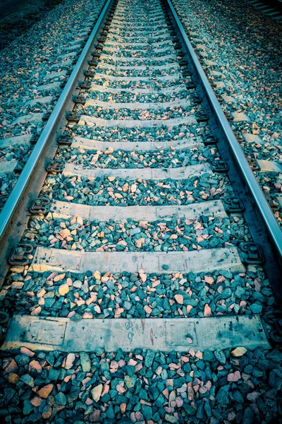 Railway Rails Sleepers Trains Close Beautiful Sunset Overcast Sky — Stock Photo, Image