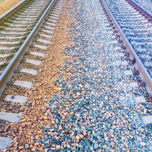 Eisenbahn Schienen Und Schwellen Ohne Züge Aus Nächster Nähe Bei — Stockfoto