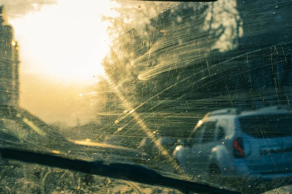 Poor Visibility Wet Windscreen While Driving Car Street Moscow City — Stock Photo, Image