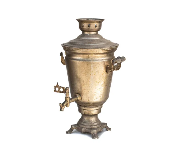 Ancien Samovar Chromé Contaminé Par Suie Graisse Sur Fond Blanc — Photo