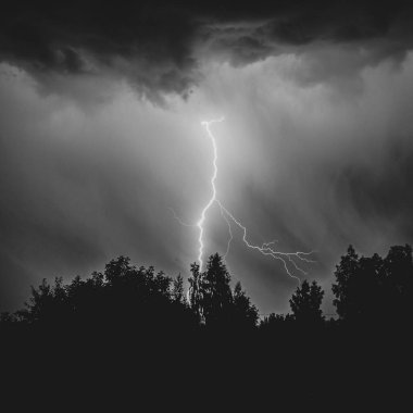 Gece gök gürültülü bir fırtınada, karanlık gökyüzüne karşı, bir yangına neden olan bir ormanda, yağmurlu bir fırtınada güzel bir yıldırım.