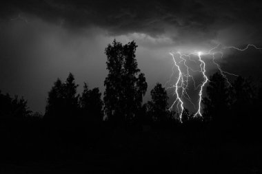 Gece gök gürültülü bir fırtınada, karanlık gökyüzüne karşı, bir yangına neden olan bir ormanda, yağmurlu bir fırtınada güzel bir yıldırım.