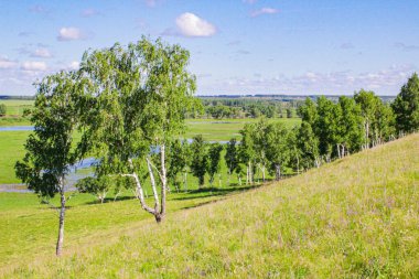 Yeşil çayırları olan yeşil yeşil bir vadi Nive tepeleri ve dağları olan ve manzaranın arka planında renkli bulutlu bir gün batımı olan