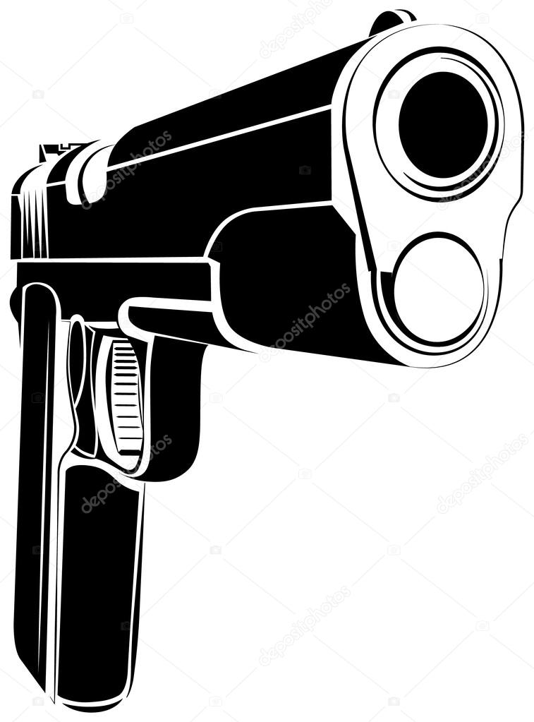Pistol 1911 gun fire. 45 caliber. Pistol emblem logo. Criminal arm pistol gun and danger military weapon.