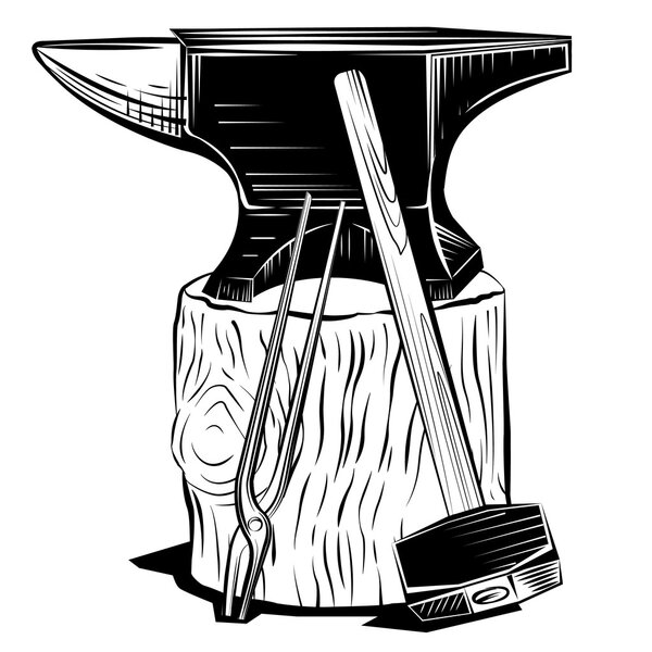 Blacksmith anvil on a stump with hummer and pincers