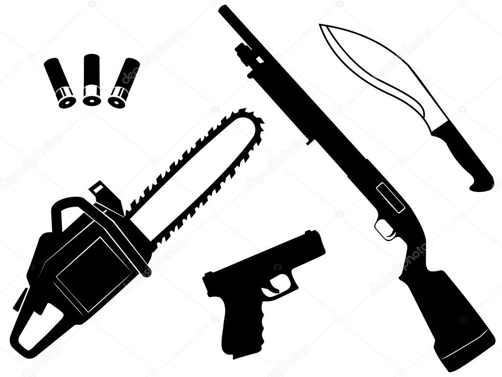 Vector et of gangster criminal weapons and anti zombie apocalypse on white background