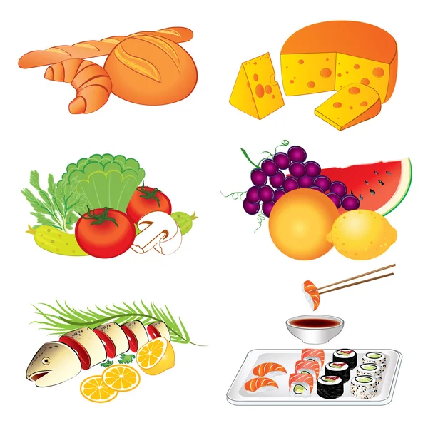 Set of vector various tasty food on white background — Stock Vector