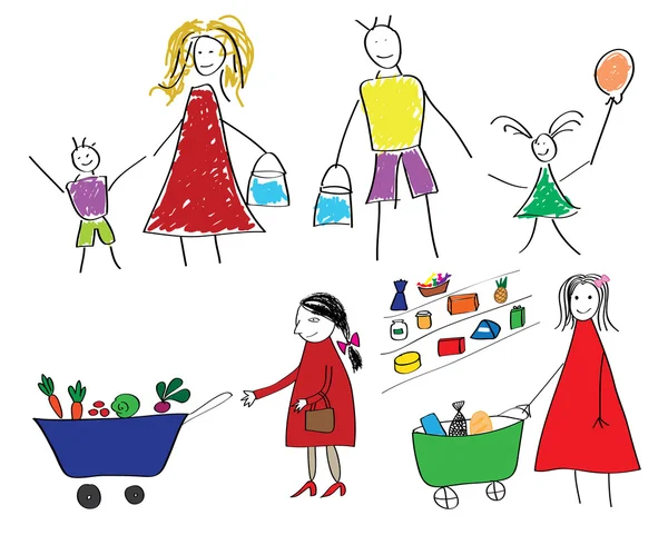 Kinderzeichnungen mit der Familie und das Kind mit Lebensmitteln im Supermarkt — Stockvektor
