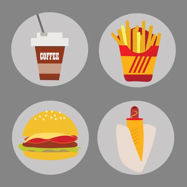 Set ikon makanan cepat saji kentang hamburger hot dog di latar belakang - Stok Vektor