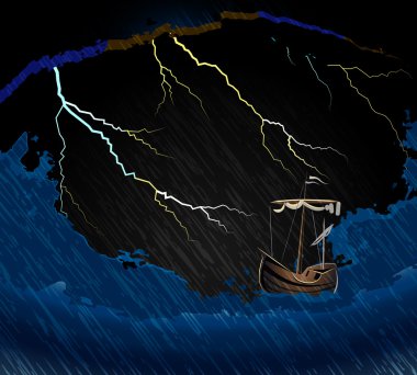 Ship in the storm on the waves in the sea and lightning