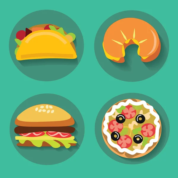 Set of icons fast food pizza croissant burger burrito on a background — Stok Vektör