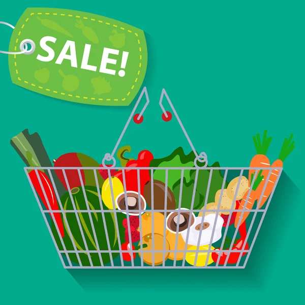 Supermarket basket of vegetables sale vector — ストックベクタ