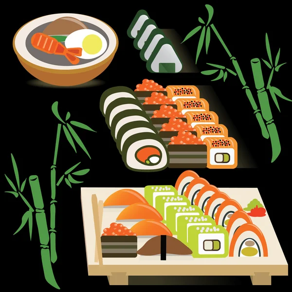 Set of Japanese rolls on a board and miso soup on bamboo black background — 스톡 벡터