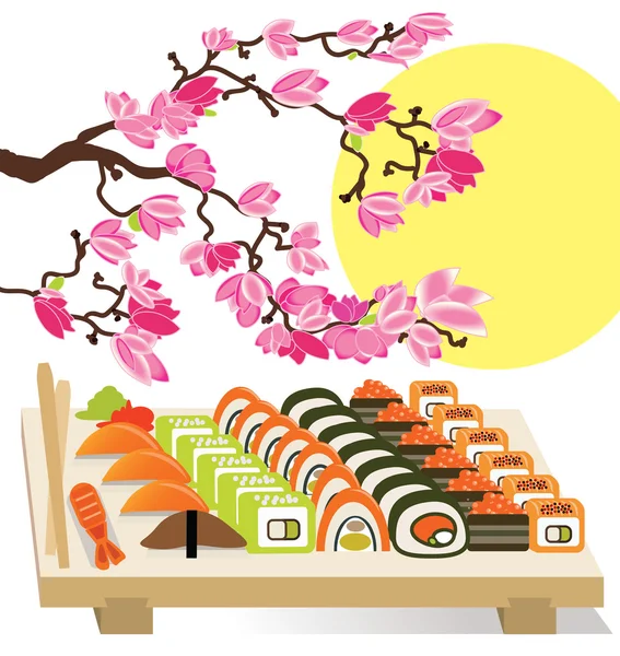 Belo conjunto de Sushi comida japonesa sob as cerejeiras —  Vetores de Stock