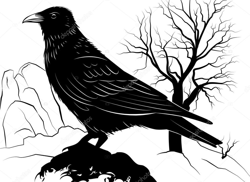Illustration with Raven on a rock on a background of dead tree