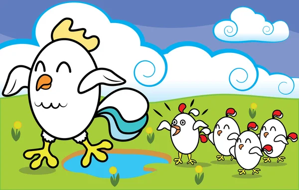 Rolig tecknad kyckling med kycklingar går på ekologisk ren gräs på gården — Stock vektor