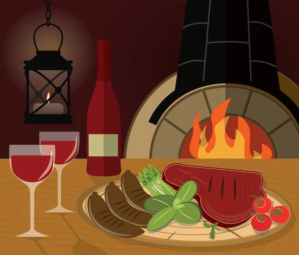 Romantisches Abendessen mit gegrilltem Steak, Gemüse und Wein im Restaurant — Stockvektor