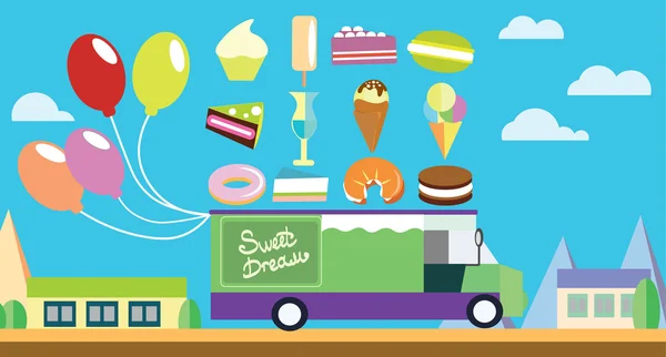 度假屋有冰激淋和糖果的艺术马车 — 图库矢量图片