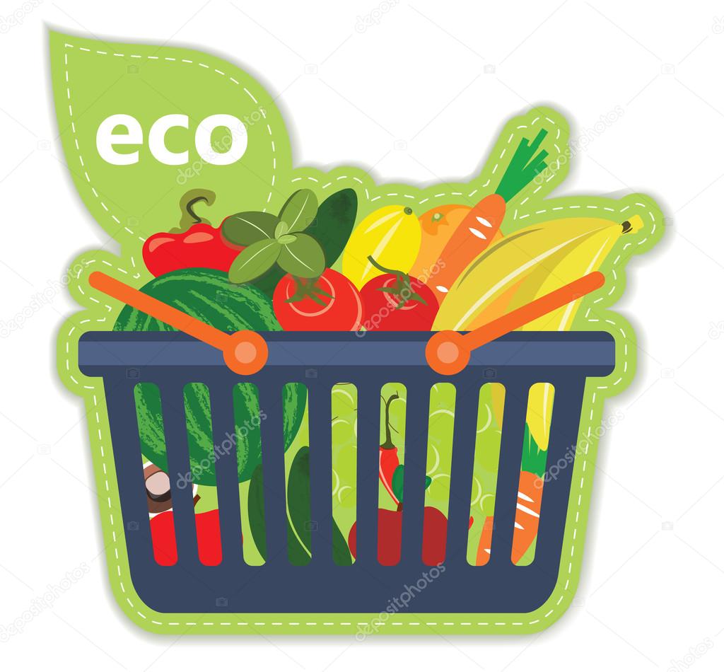 Cart beneficial eco supermarket fresh food fruit and vegetables products in basket