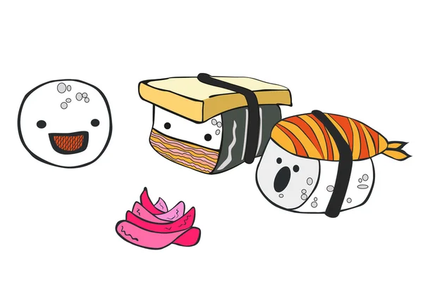 Śmieszne kreskówka mało sushi komunikować się ze sobą — Wektor stockowy