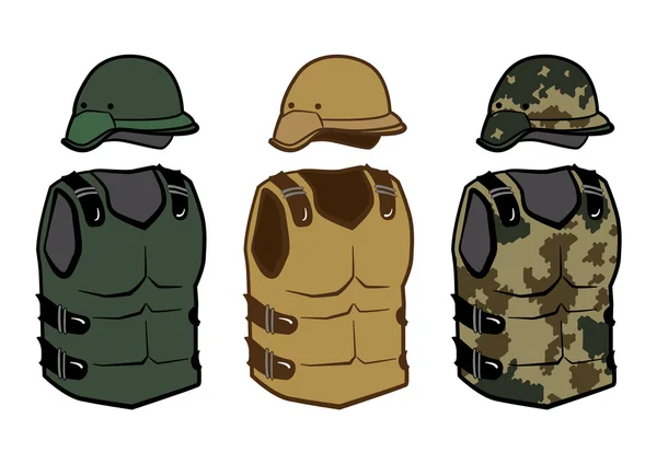 Gilets de protection militaire gilets de camouflage corps armure en carbone et casque pour la guerre — Image vectorielle