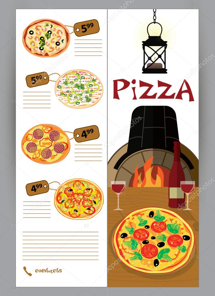 Vector booklet, flyer, leaflet menu for pizza restaurants and pizzerias delivery
