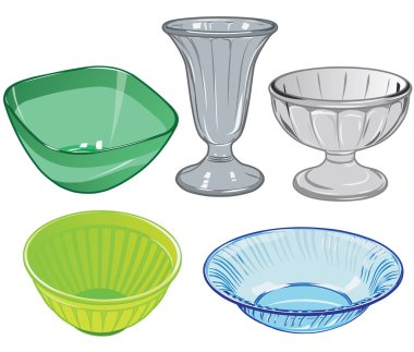 Mutfak için cam ve cam vazo ve plastik salatası kaseler