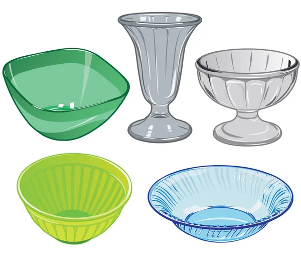 Ensemble de verres et vase en verre et saladiers en plastique pour la cuisine — Image vectorielle