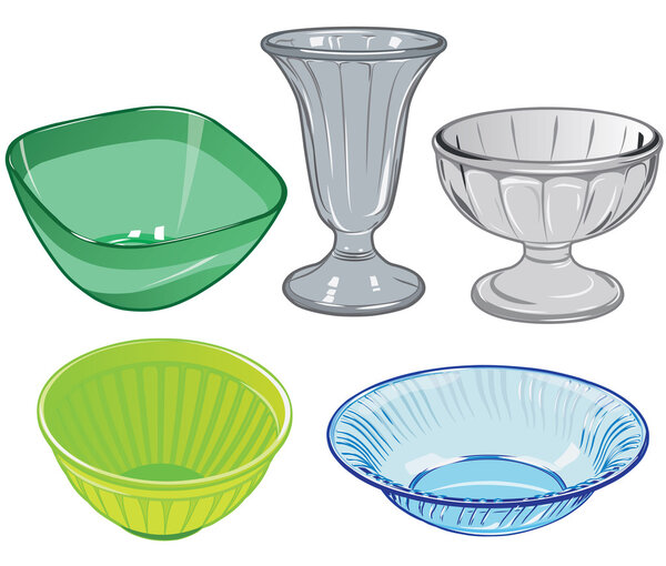 Set of  glassware and glass vase and plastic salad bowls for kitchen