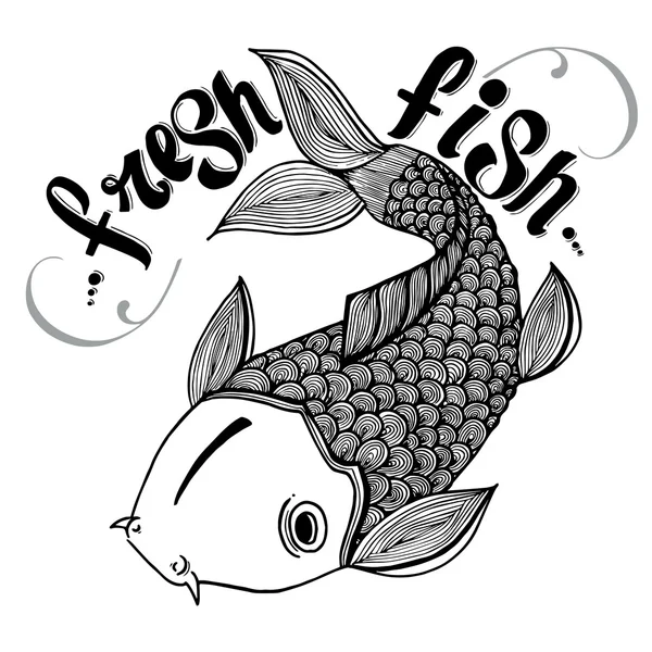 Signos caligráficos ilustración grabada tatuaje carpa fresca salmón Japón pescado — Archivo Imágenes Vectoriales