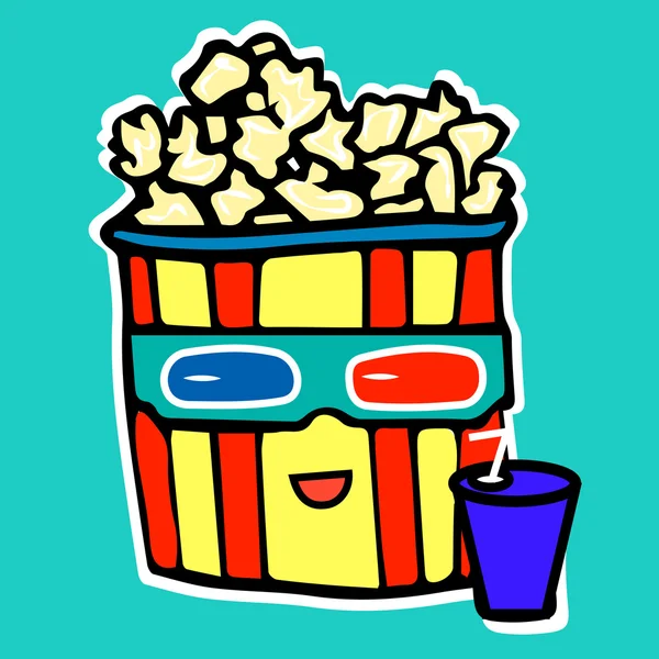 Pipoca bebe cola enquanto assiste a um filme em um cinema em óculos de anaglifo — Vetor de Stock