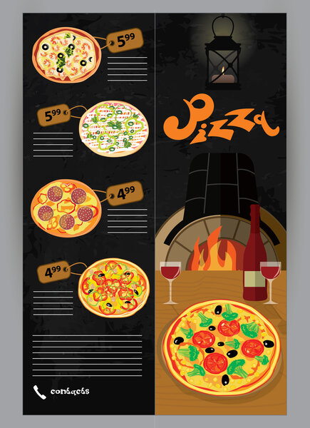 Vector booklet, flyer, leaflet menu for pizza restaurants and pizzerias delivery