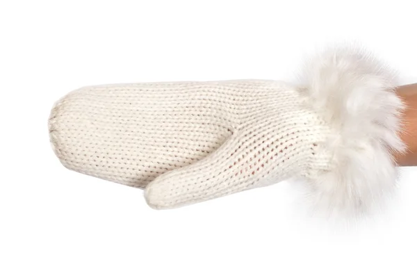 Женщина рука в белом тёплом трикотажном рукаве — стоковое фото