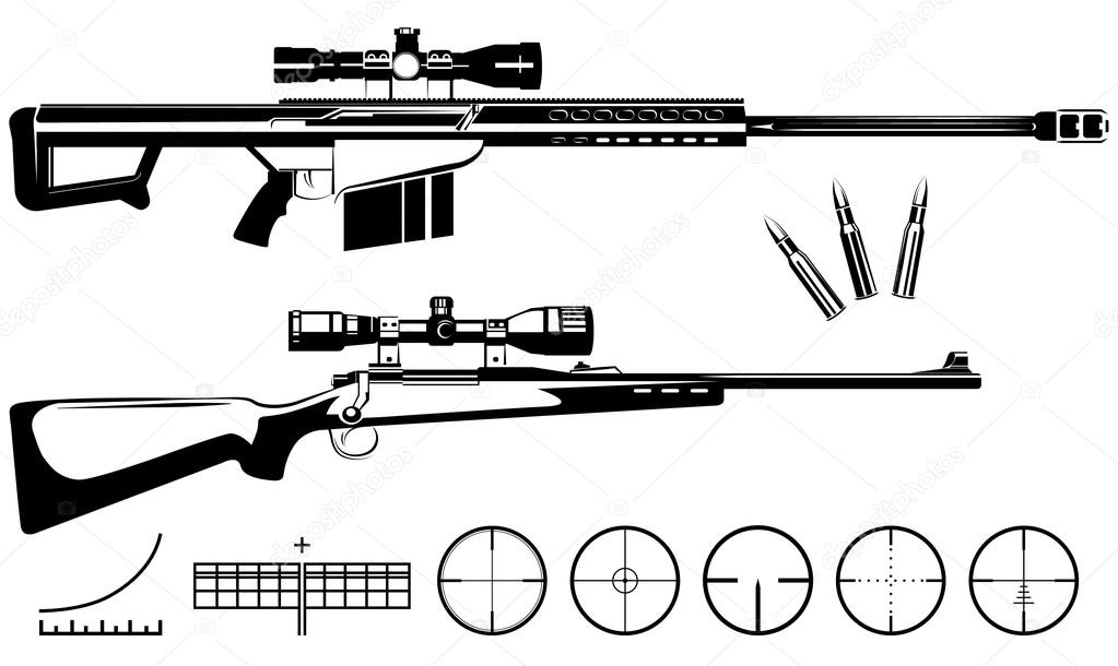 Set of firearms sniper rifles and targets