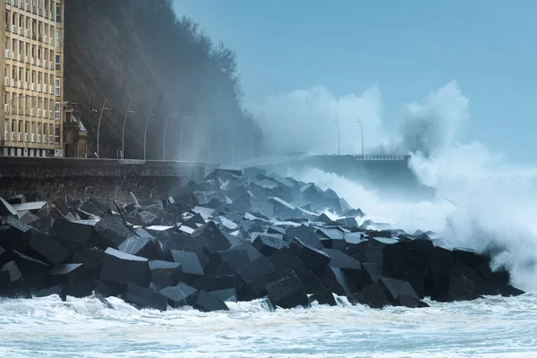 Waves Breaking New Promenade San Sebastian Storm Bella Spain — Stock Photo, Image