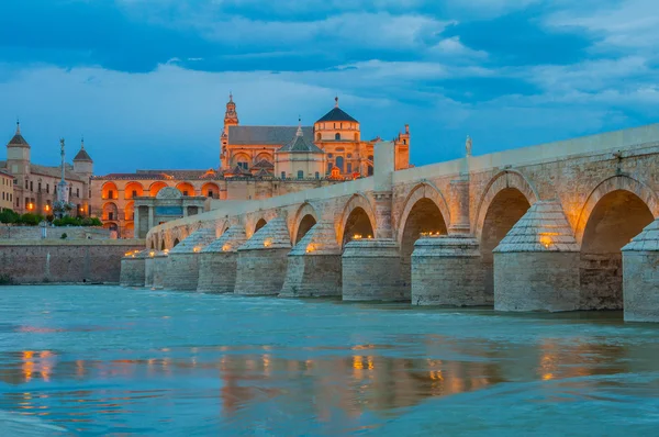 Romerska bron och moskén i Cordoba på natten (Spanien) — Stockfoto