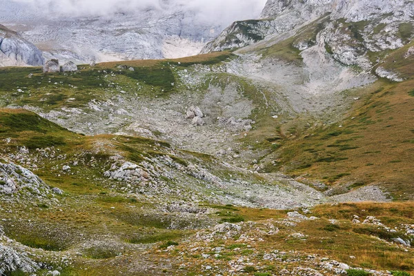 Horské Údolí Alpskou Tundrou Ošlehanými Dlážděnými Poli Blízkosti Sněhové Čáry — Stock fotografie
