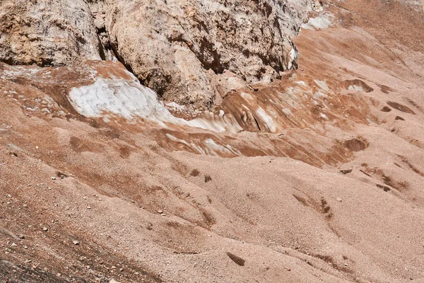 ice is preserved under a layer of sand and dust during the melting of the glacier at the base of the cliff