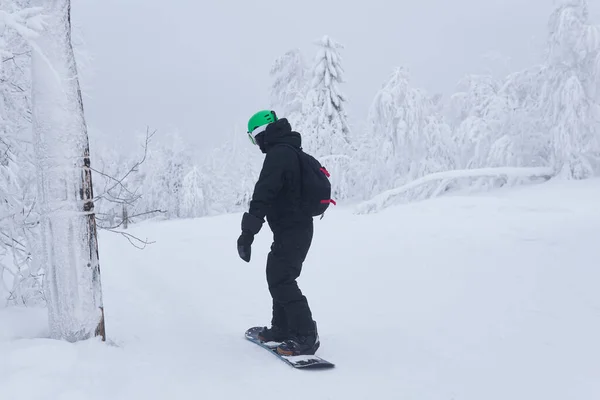 Подросток Сноубордист Спускается Склону Горы Лесной Тропе Морозную Погоду — стоковое фото