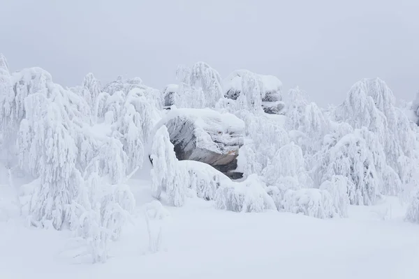 Kışın Gökyüzünün Altında Derin Karlarla Kaplı Bir Dağdaki Tuhaf Kayalar — Stok fotoğraf
