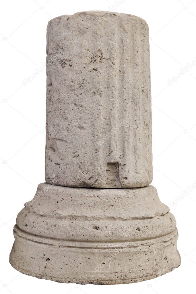 weathered fragment of the base of a classical ancient greek stone column isolated on white background