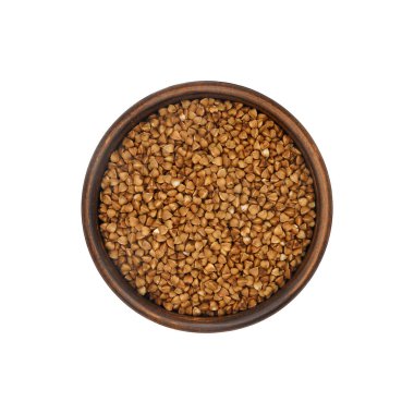 buckwheat grain in simple clay bowl isolated on white background, top view